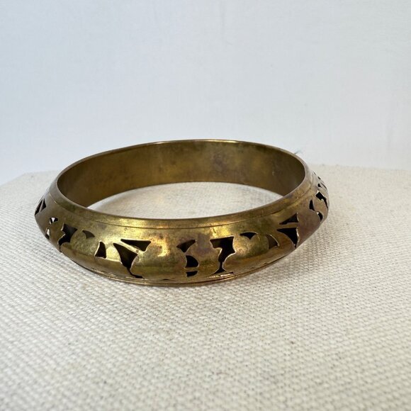 Brass Cutout Floral Bangle Bracelet Layers Gold-Tone Funky Stackable Boho Chunky - Picture 6 of 8